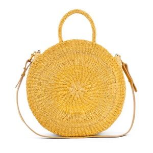 CLARE V. Moyen Alice Yellow Woven Circle Leather Strap Bag